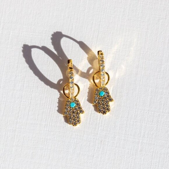 YOU PICK!  Gold Pave Huggies + you pick charm Bolt, Hamsa Hand or Evil Eye - Picture 6 of 14